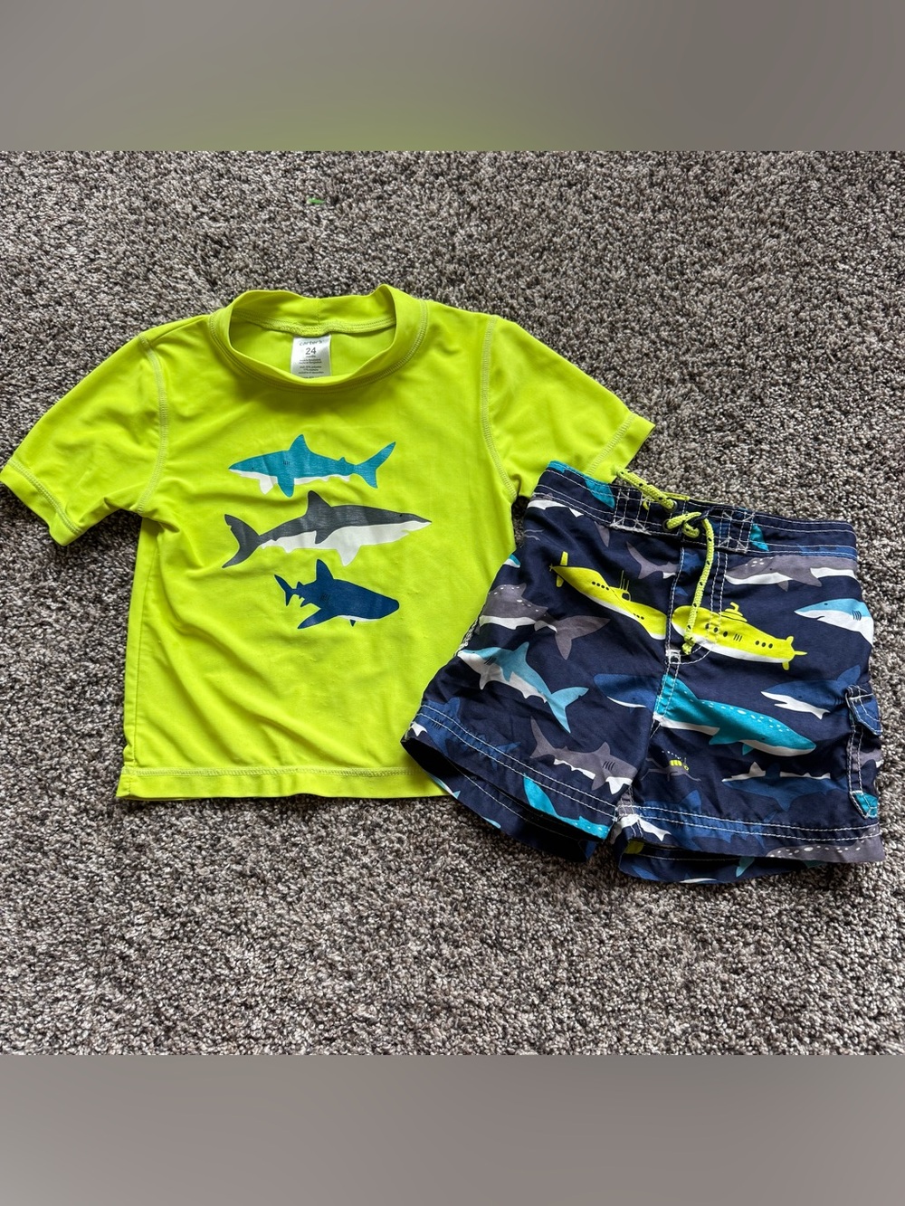Carter's Lime Green Rash Guard with Navy Shark Print Swim Trunks